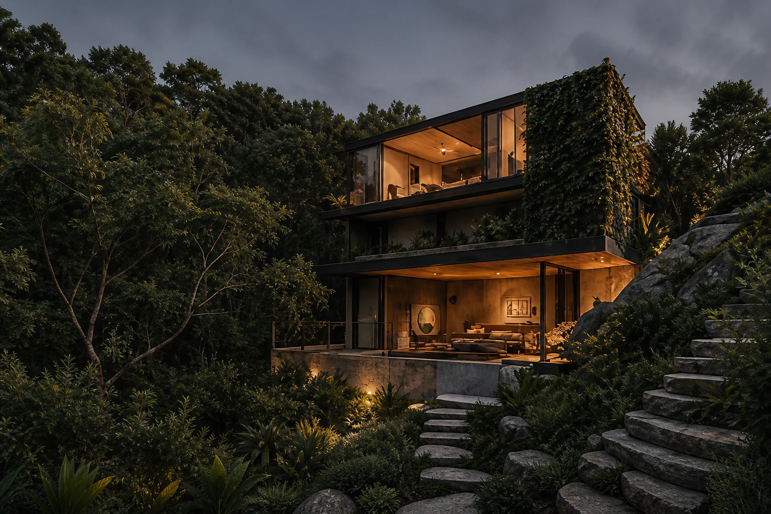 Casa Ladera integrada a una ladera arbolada